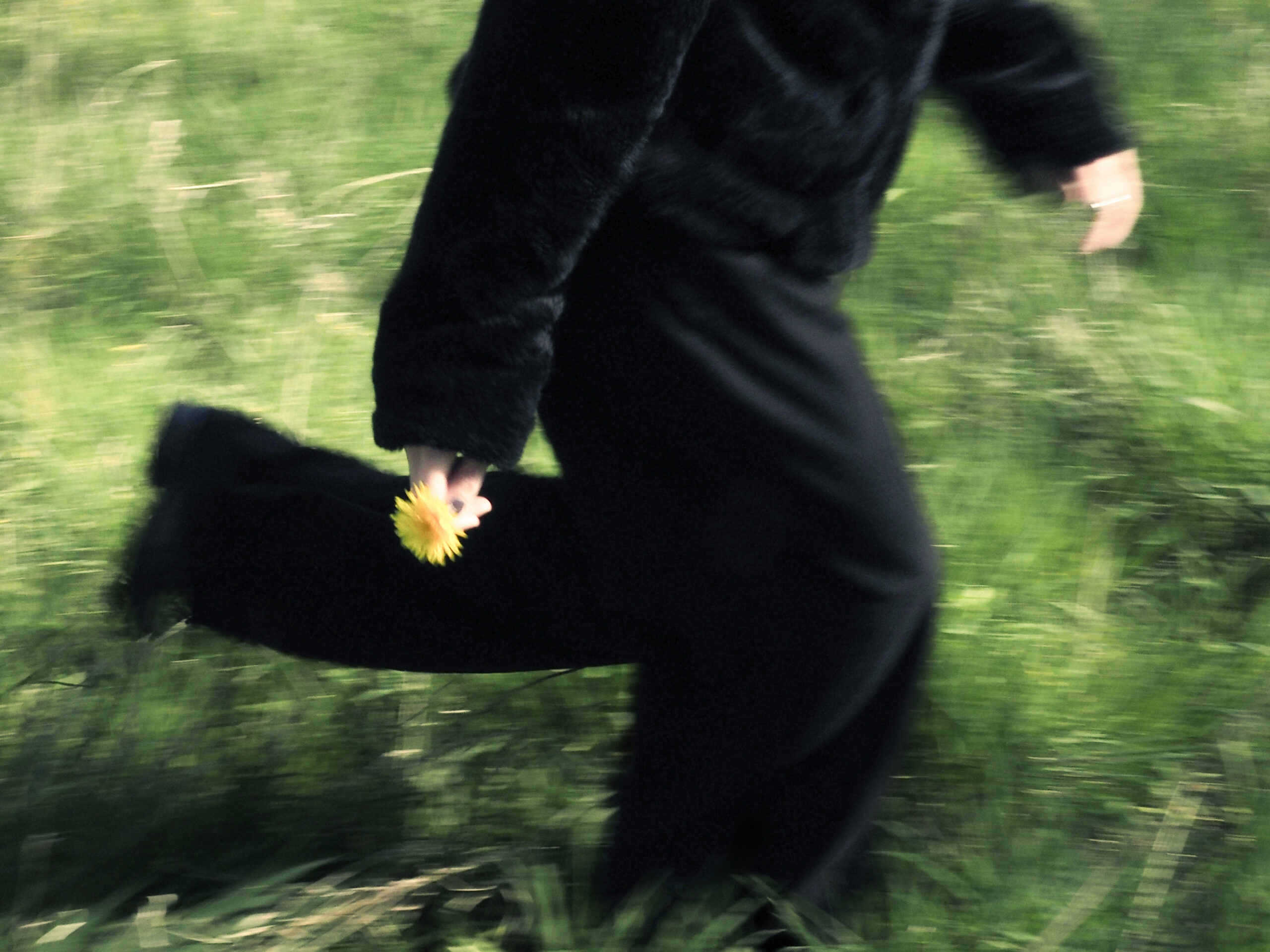 Fleeting happiness Someone running in a field, holding a yellow flower